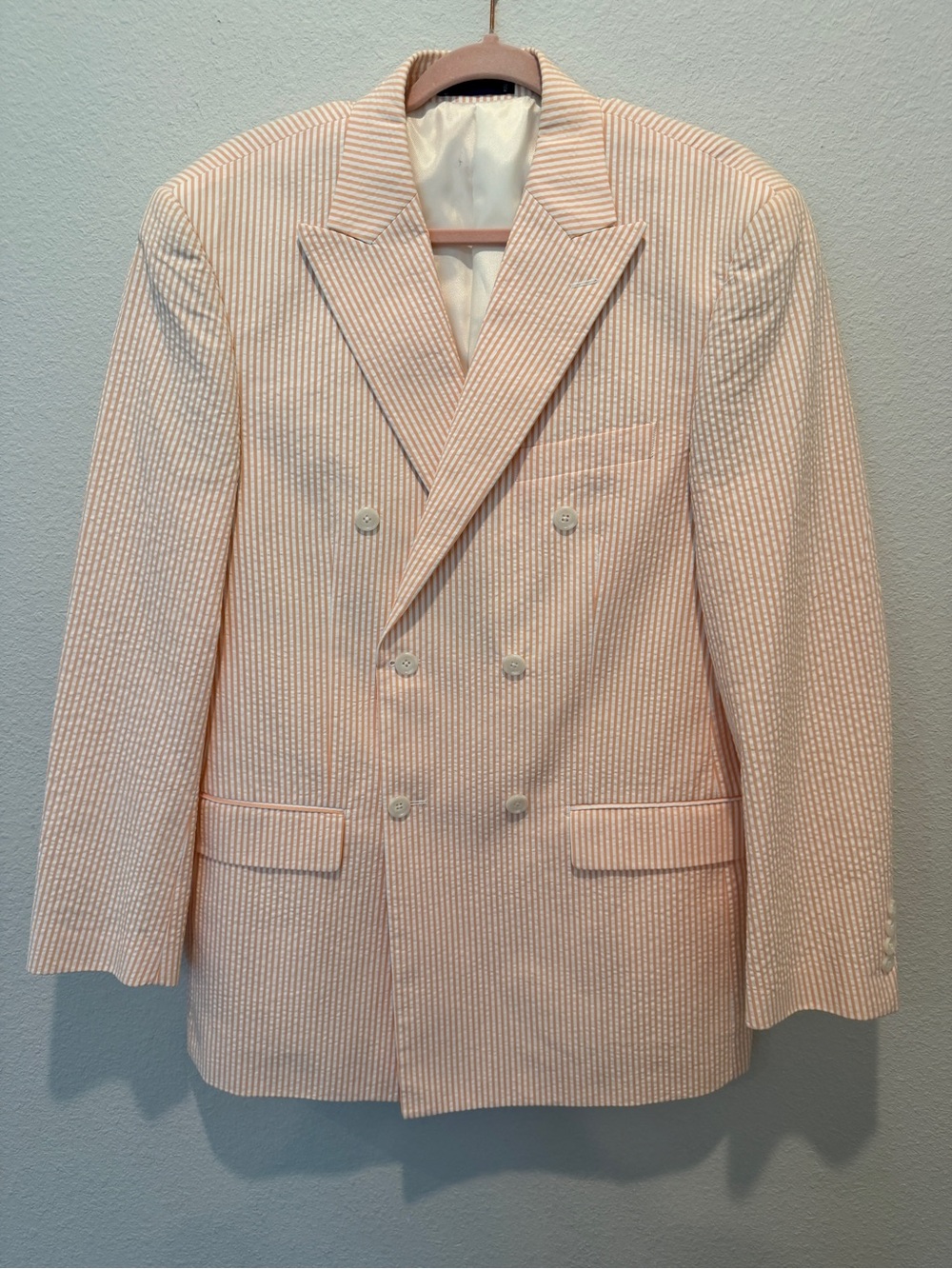 Paul Frederick Double-Breasted Blazer Men’s Sz 40R White Light Orange Seersucker